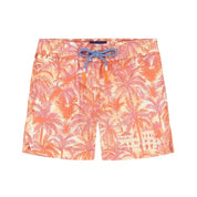 Pink floral-patterned shorts with a blue bow on a white background