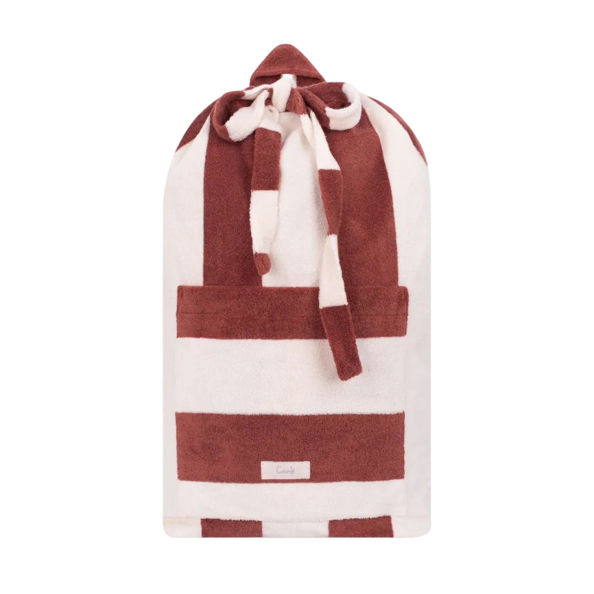 Red and white striped towel with a hood on a white background