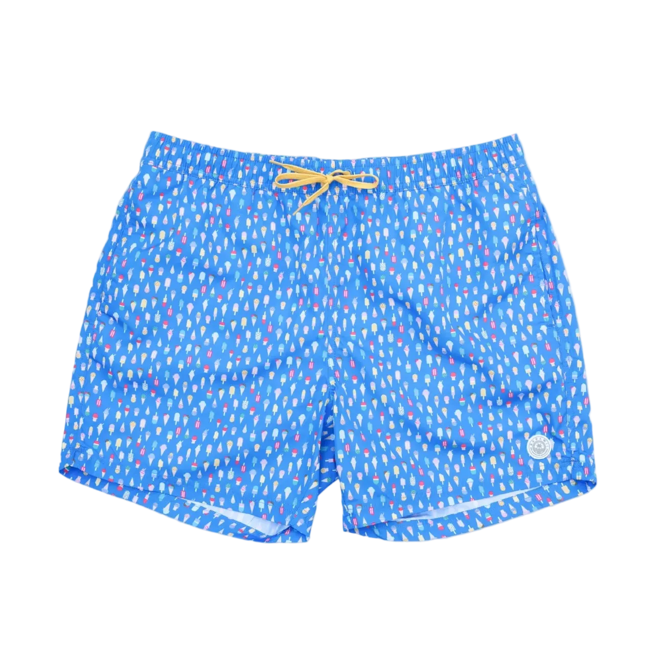 Blue swim shorts with a pattern on a light gray background