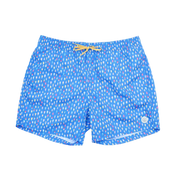 Blue swim shorts with a pattern on a light gray background