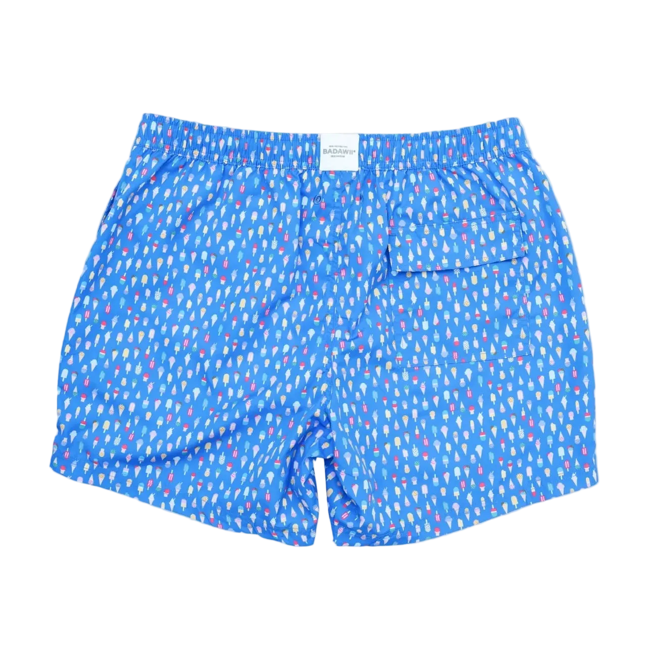 Blue swim shorts with a pattern on a white background
