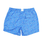 Blue swim shorts with a pattern on a white background