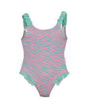 Pink and green zebra-striped swimsuit with ruffled details on a white background