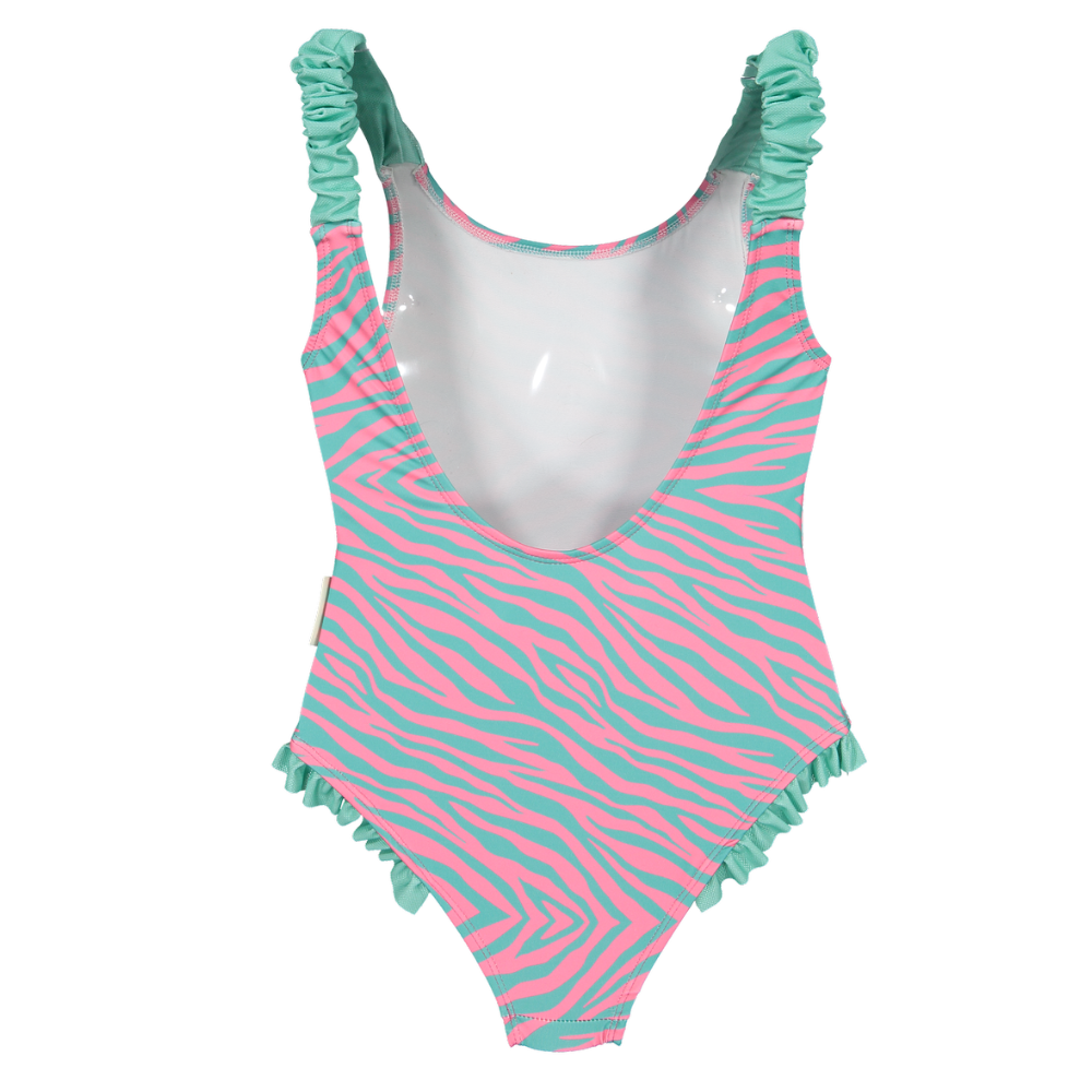 One-piece swimsuit with pink and green zebra pattern on a white background