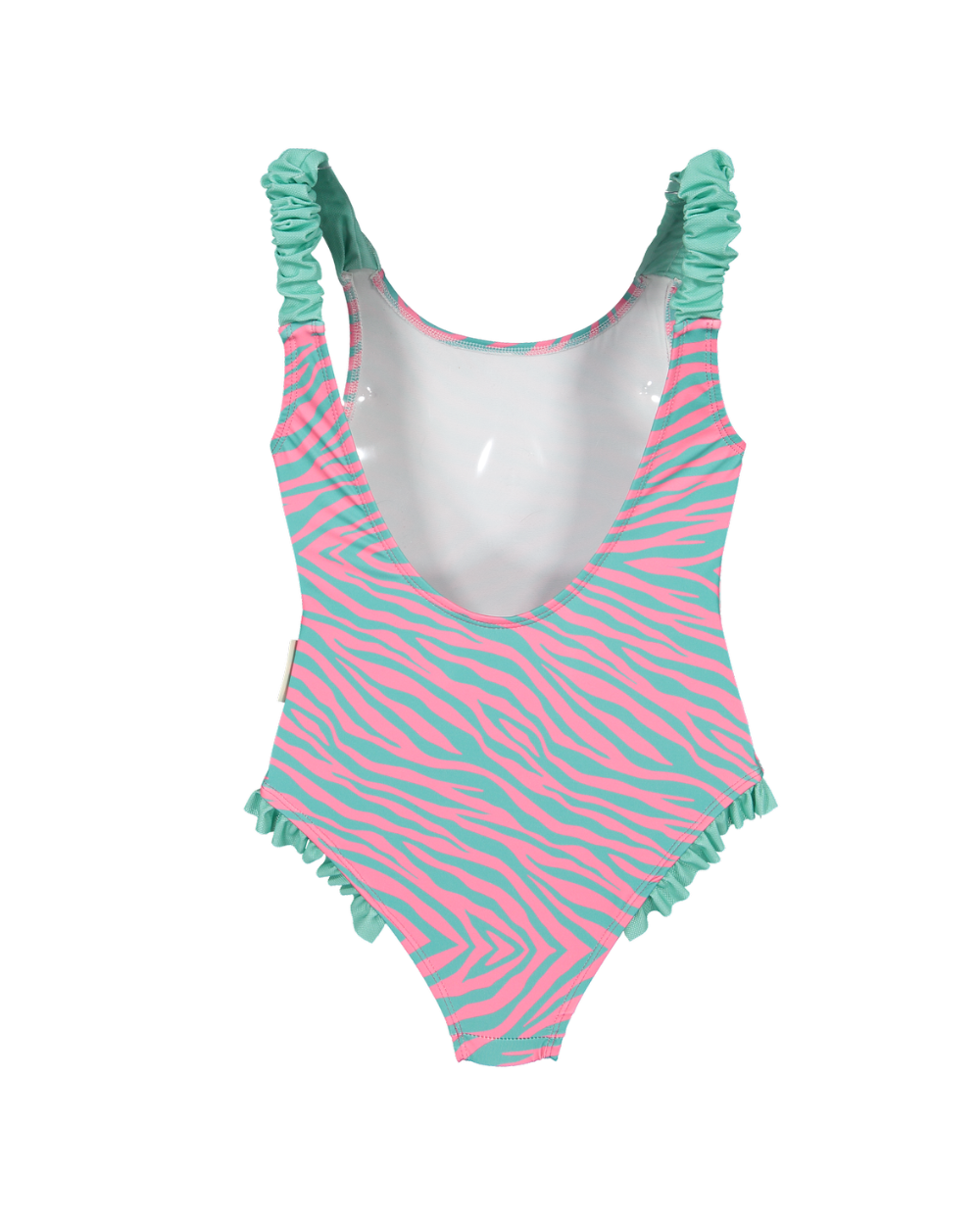 One-piece swimsuit with pink and green zebra pattern on a white background