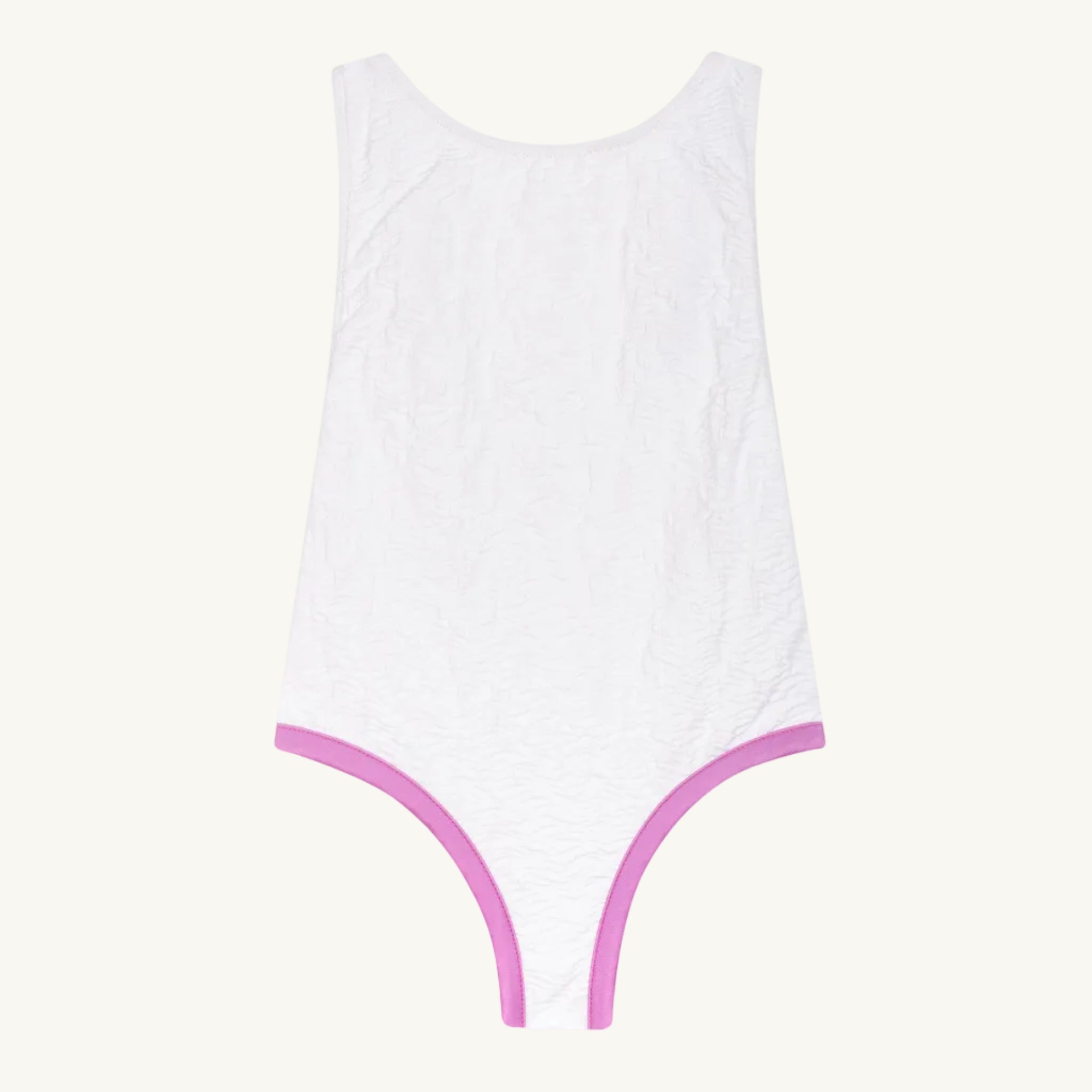 White swimsuit with pink trim on a white background